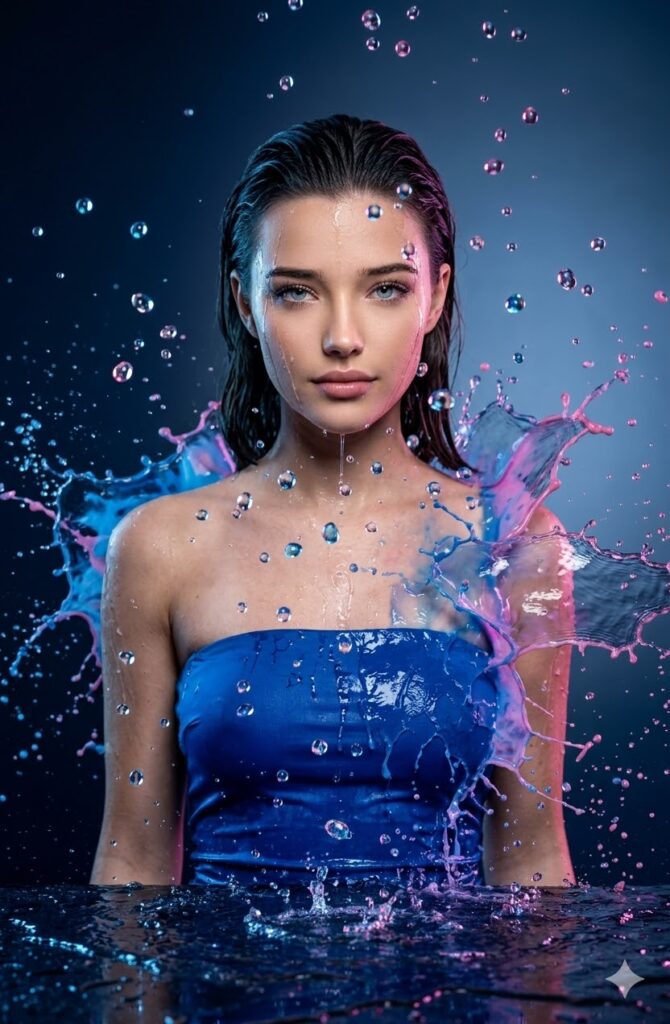 Cinematic Water Splash Portrait in Blue and Pink