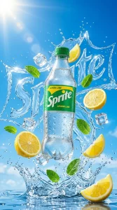 Floating Sprite Bottle with Sliced Lemons, Ice Cubes and Mint Leaves