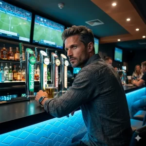 Man in Contemplative Pose at Modern Sports Bar