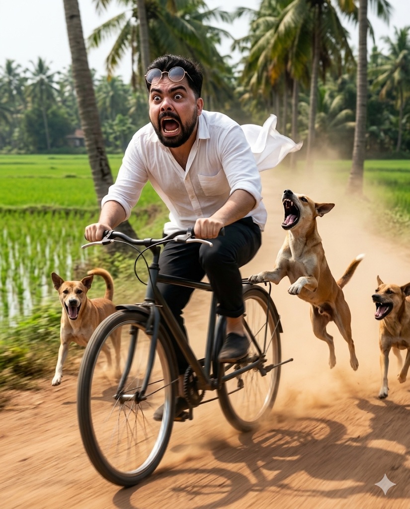 Man on Bicycle Chased by Dogs in Rural Landscape