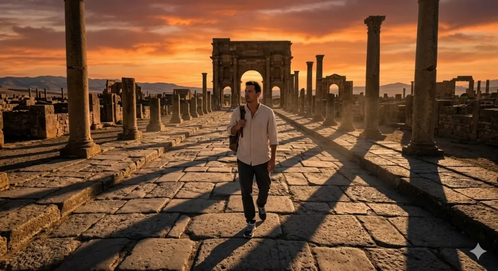 Sunset over Timgad Shadows of the Roman Decumanus
