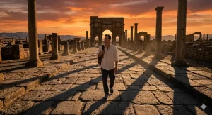 Sunset over Timgad Shadows of the Roman Decumanus