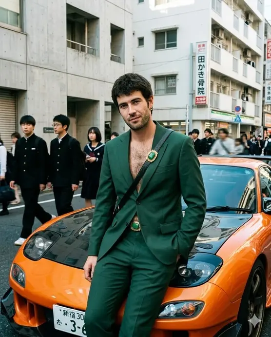 Urban Cinematic Style Forest Green Suit and Orange RX-7