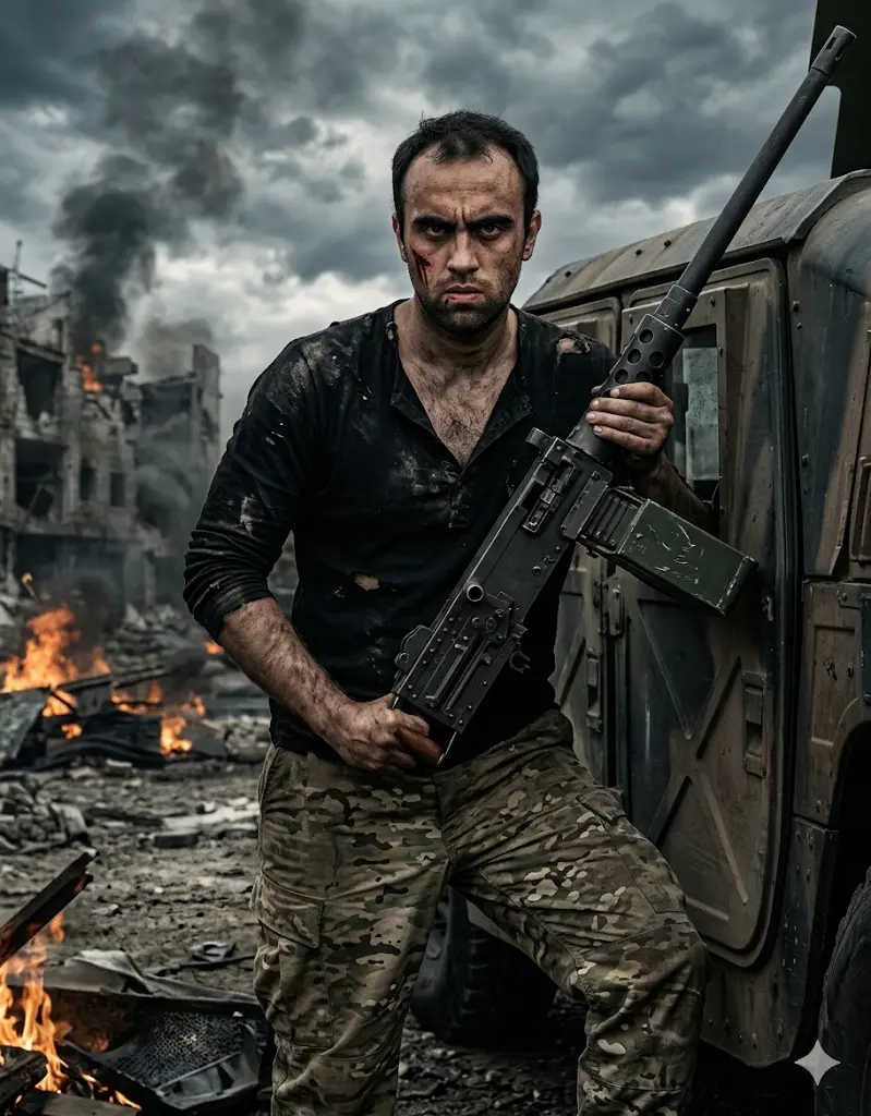 Battle-Worn Soldier in a War Zone