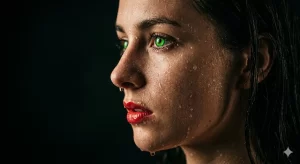 Glistening Green-Eyed Profile in the Shadows
