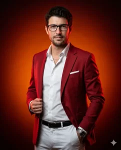 Luxury Editorial Portrait Crimson Blazer and Cinematic Red Lighting