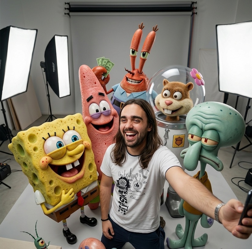 Hyper-Realistic SpongeBob Crew Studio Selfie