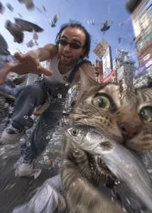 Chaotic Y2K Cat Chase in Shibuya Street Style