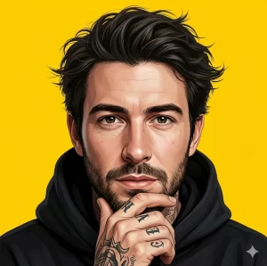 Contemplative Man in Black Hoodie on Yellow Background