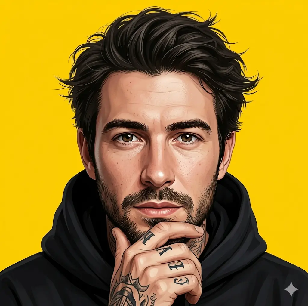 Contemplative Man in Black Hoodie on Yellow Background
