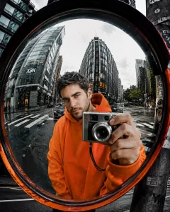 Convex Mirror Street Portrait in Rainy City