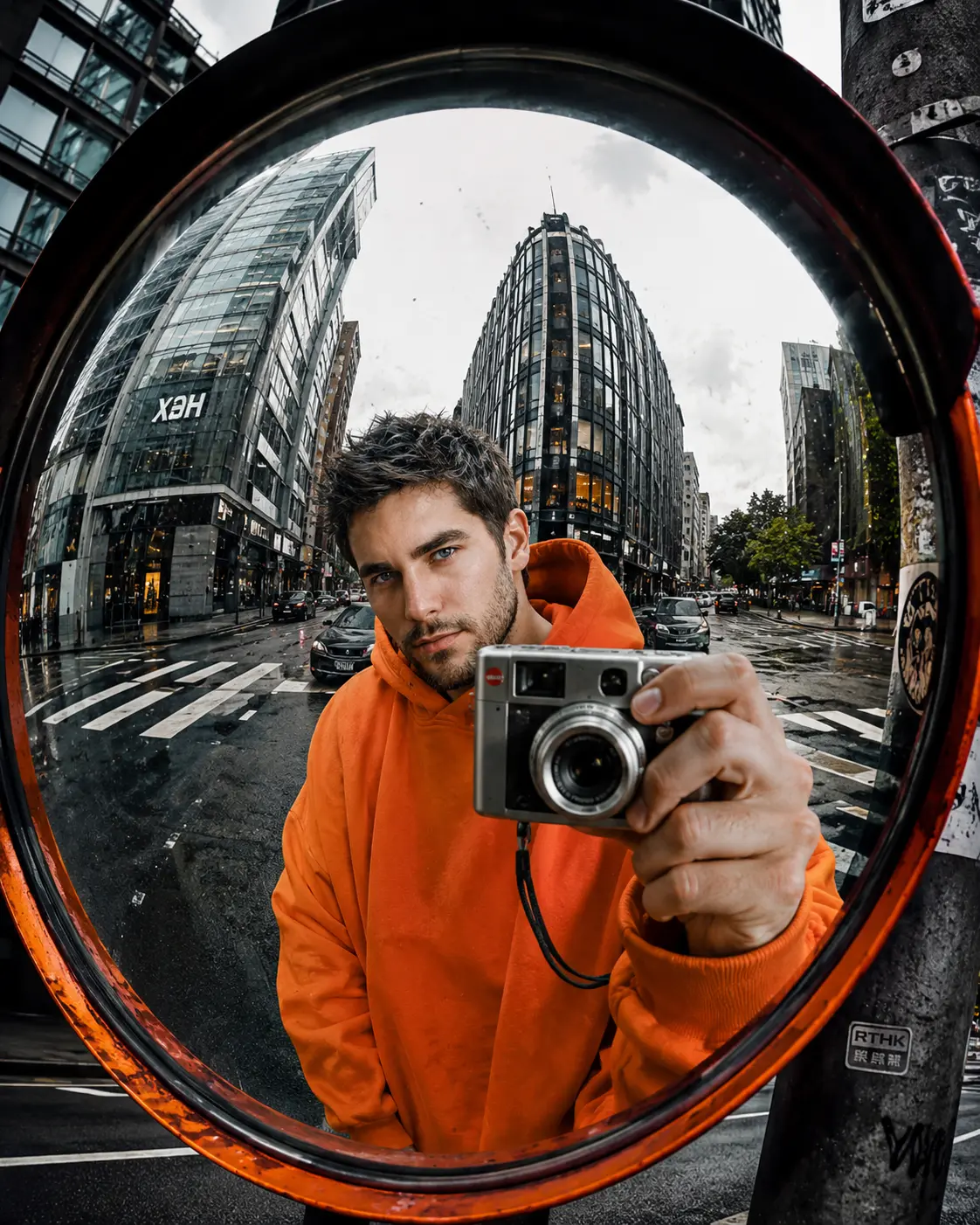 Convex Mirror Street Portrait in Rainy City