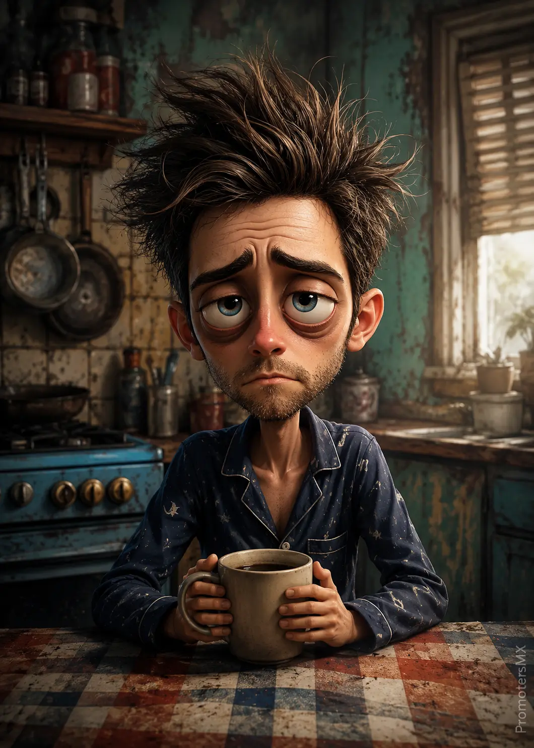Exhausted Morning Creature in a Vintage Kitchen