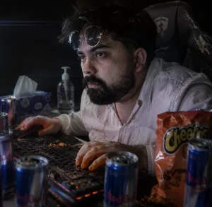 Late Night Gamer Burnout at the Computer Desk