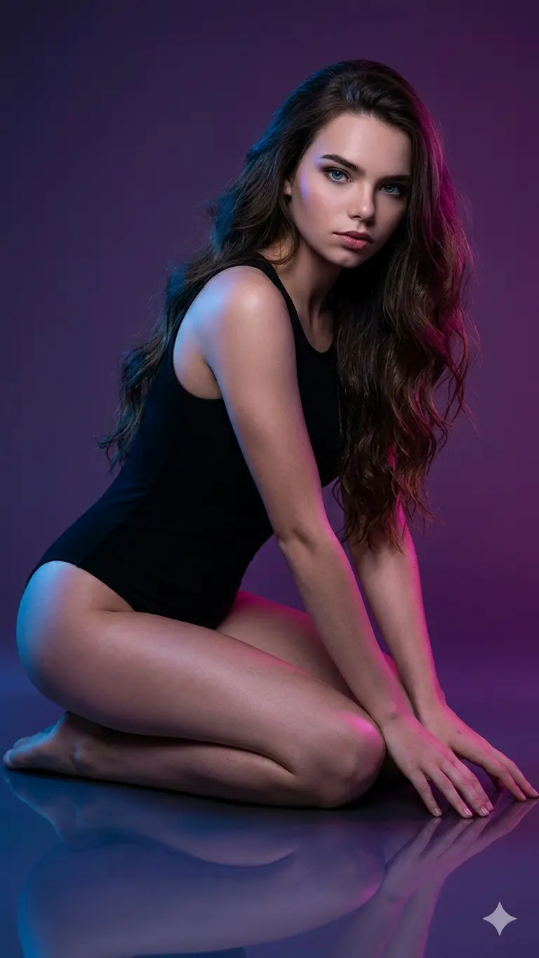 Neon Studio Kneeling Portrait in Purple-Magenta Cinematic Lighting