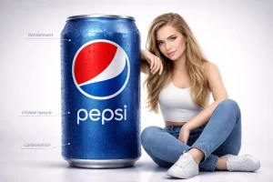 Premium Pepsi Infographic Advertisement with Oversized Can and Young Woman