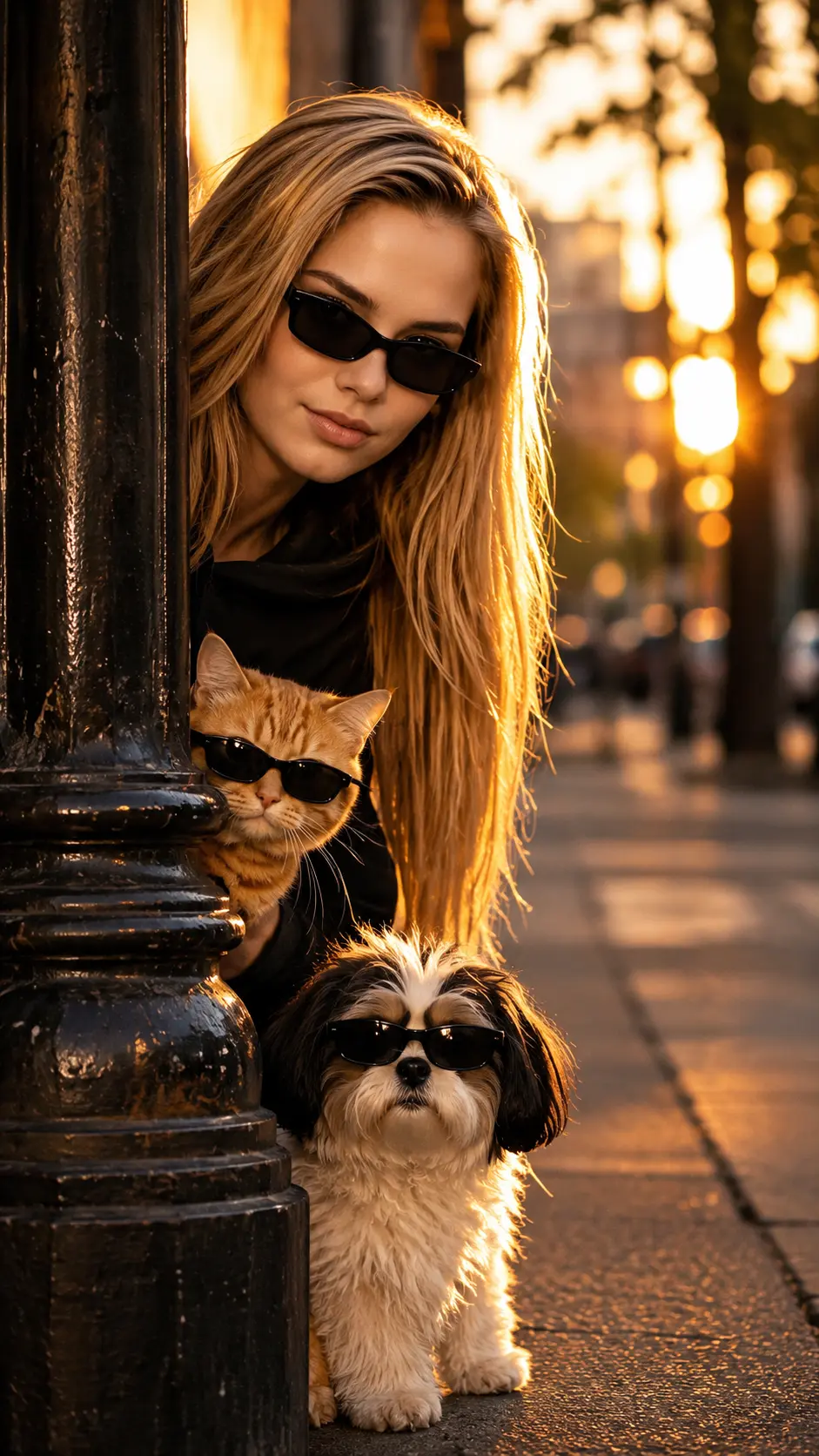 Stylish Golden Hour Trio Behind a Vintage Street Lamp