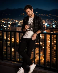 Urban Night Cinematic Balcony Portrait