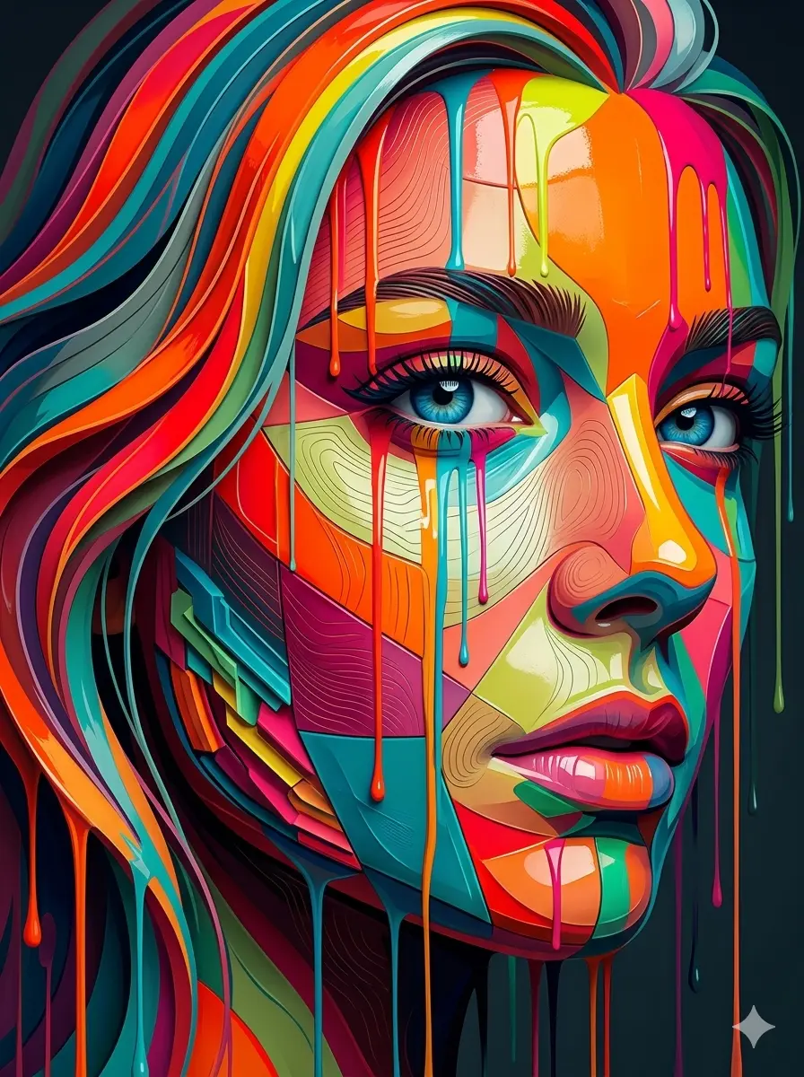 Vibrant Geometric Fusion The Paint-Drip Portrait