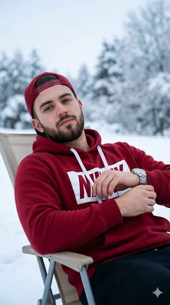 Winter Chill Relaxed Red Hoodie Portrait